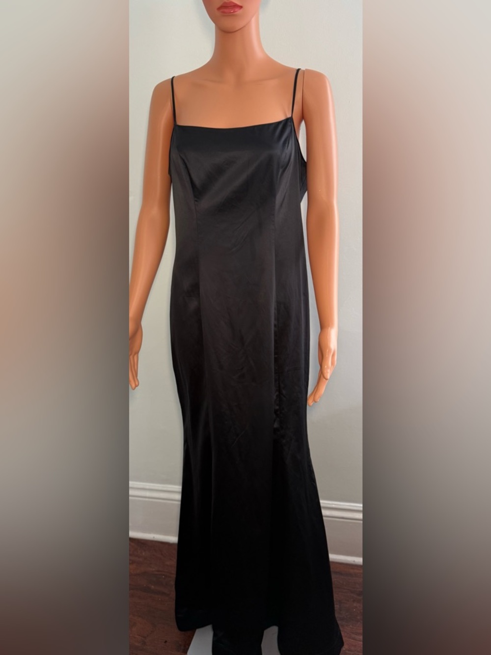Kay Unger black satin spaghetti strap evening dress. Sz. 12